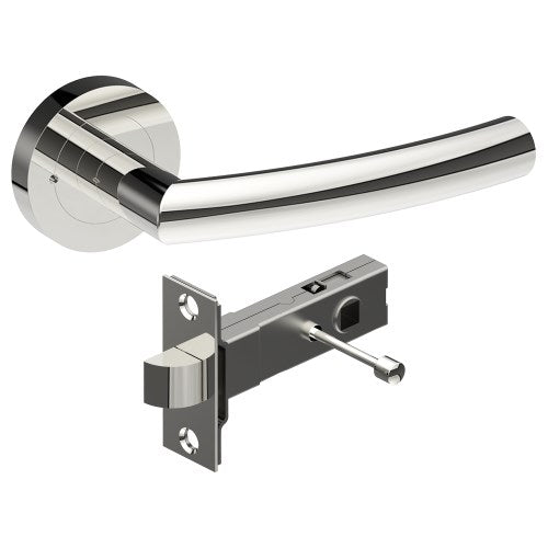 CURVE Door Handles on Ø52mm Integrated Privacy Rose inc. Latch in Polished Stainless