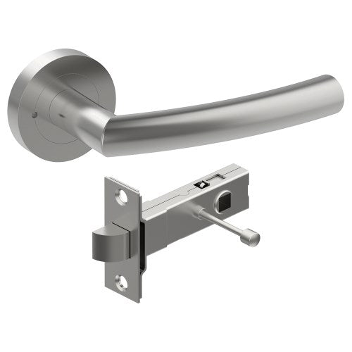 CURVE Door Handles on Ø52mm Integrated Privacy Rose inc. Latch in Satin Stainless