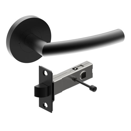 CURVE Door Handles on Ø65mm Integrated Privacy Rose inc. Latch in Black Teflon