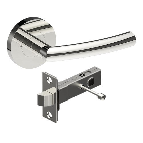 CURVE Door Handles on Ø65mm Integrated Privacy Rose inc. Latch in Polished Stainless