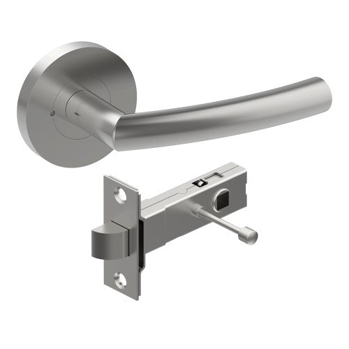 CURVE Door Handles on Ø65mm Integrated Privacy Rose inc. Latch in Satin Stainless