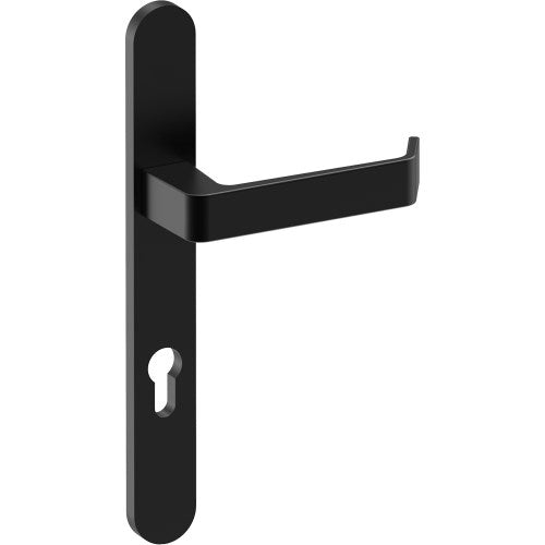 DIJON Door Handle on B01 EXTERNAL European Standard Backplate with Cylinder Hole, Concealed Fixing (Half Set) 85mm CTC in Black Teflon