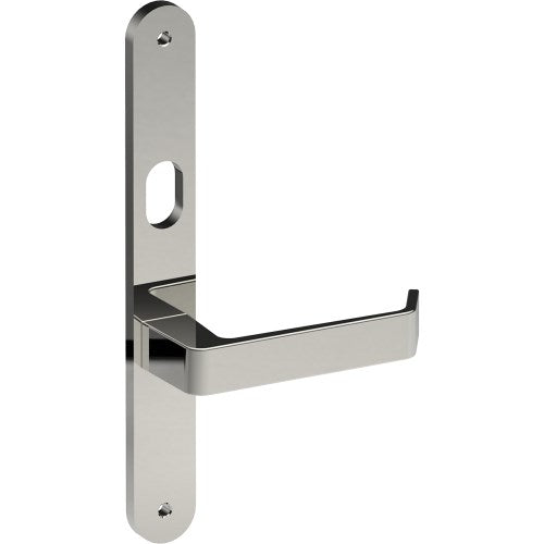 DIJON Door Handle on B01 INTERNAL Australian Standard Backplate with Cylinder Hole, Visible Fixing (Half Set) 64mm CTC in Polished Stainless