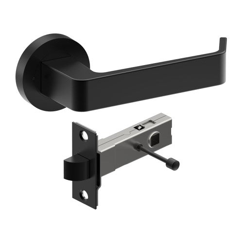DIJON Door Handles on Ø52mm Integrated Privacy Rose inc. Latch in Black Teflon