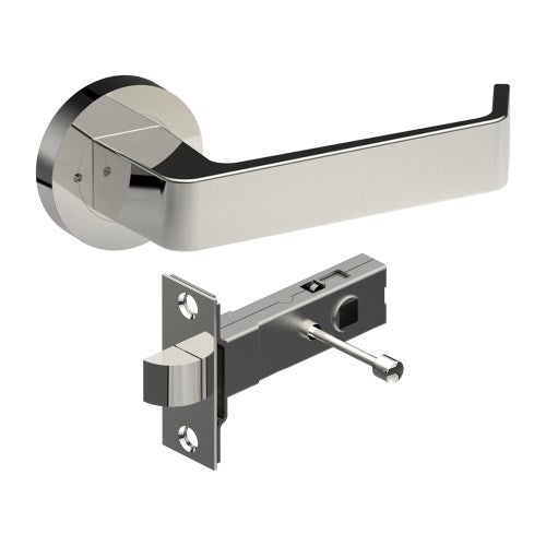 DIJON Door Handles on Ø52mm Integrated Privacy Rose inc. Latch in Polished Stainless