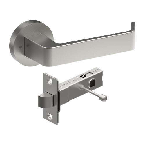 DIJON Door Handles on Ø52mm Integrated Privacy Rose inc. Latch in Satin Stainless