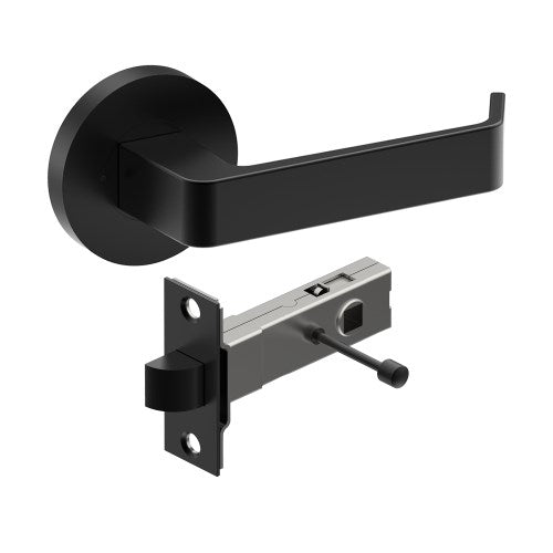 DIJON Door Handles on Ø65mm Integrated Privacy Rose inc. Latch in Black Teflon
