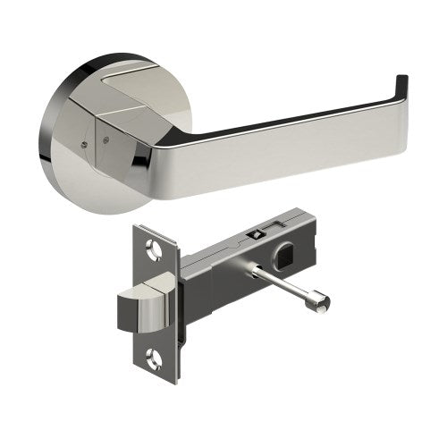 DIJON Door Handles on Ø65mm Integrated Privacy Rose inc. Latch in Polished Stainless