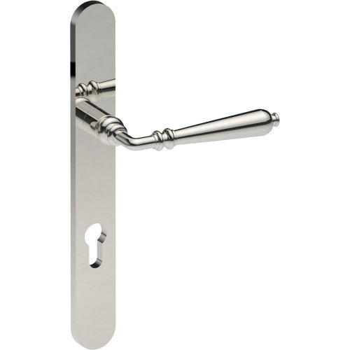 ELEGANTE Door Handle on B01 EXTERNAL European Standard Backplate with Cylinder Hole, Concealed Fixing (Half Set) 85mm CTC in Polished Stainless