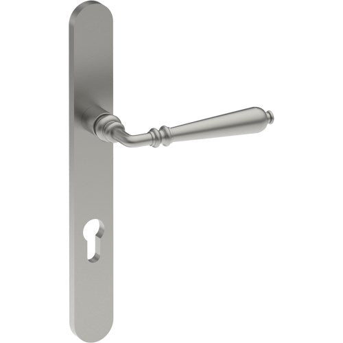 ELEGANTE Door Handle on B01 EXTERNAL European Standard Backplate with Cylinder Hole, Concealed Fixing (Half Set) 85mm CTC in Satin Stainless