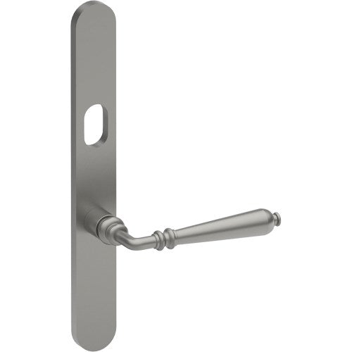 ELEGANTE Door Handle on B01 EXTERNAL Australian Standard Backplate with Cylinder Hole, Concealed Fixing (Half Set) 64mm CTC in Satin Stainless