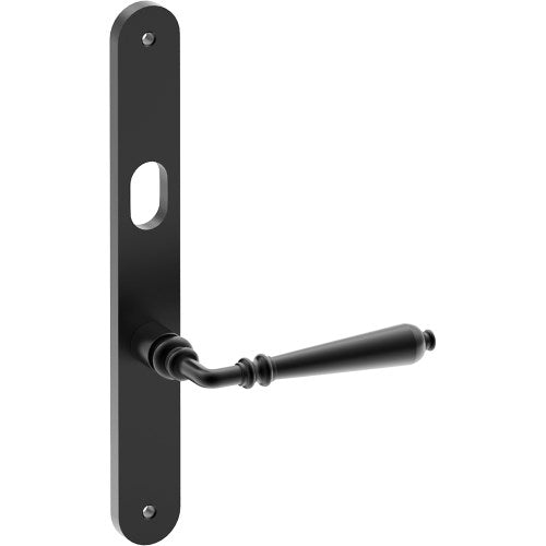 ELEGANTE Door Handle on B01 INTERNAL Australian Standard Backplate with Cylinder Hole, Visible Fixing (Half Set) 64mm CTC in Black Teflon