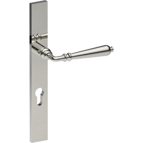 ELEGANTE Door Handle on B02 EXTERNAL European Standard Backplate with Cylinder Hole, Concealed Fixing (Half Set) 85mm CTC in Polished Stainless