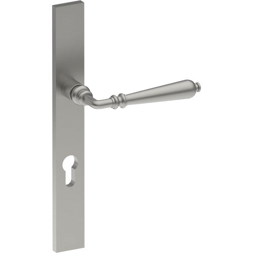 ELEGANTE Door Handle on B02 EXTERNAL European Standard Backplate with Cylinder Hole, Concealed Fixing (Half Set) 85mm CTC in Satin Stainless