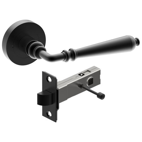ELEGANTE Door Handles on Ø52mm Integrated Privacy Rose inc. Latch in Black Teflon