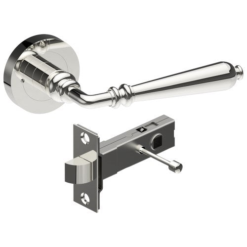 ELEGANTE Door Handles on Ø52mm Integrated Privacy Rose inc. Latch in Polished Stainless