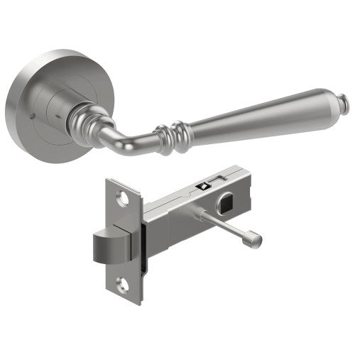 ELEGANTE Door Handles on Ø52mm Integrated Privacy Rose inc. Latch in Satin Stainless