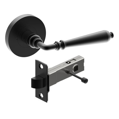 ELEGANTE Door Handles on Ø65mm Integrated Privacy Rose inc. Latch in Black Teflon