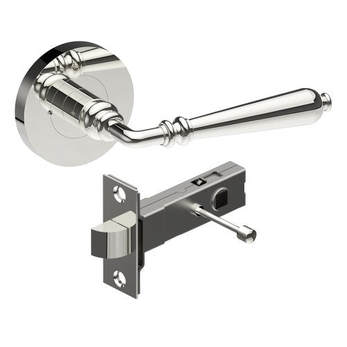 ELEGANTE Door Handles on Ø65mm Integrated Privacy Rose inc. Latch in Polished Stainless