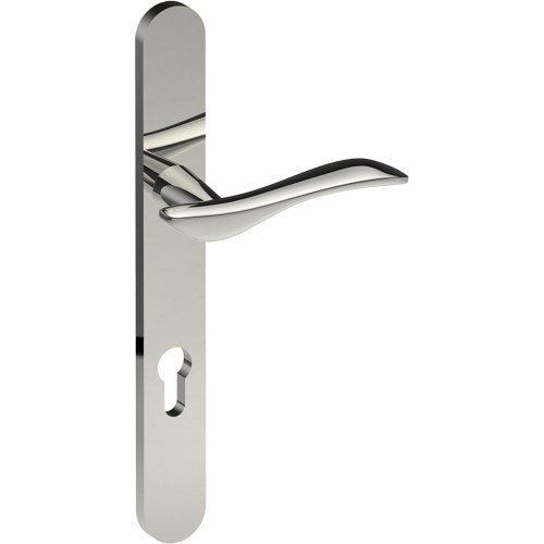 FERRARA Door Handle on B01 EXTERNAL European Standard Backplate with Cylinder Hole, Concealed Fixing (Half Set) 85mm CTC in Polished Stainless