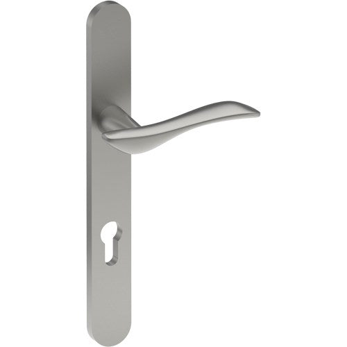 FERRARA Door Handle on B01 EXTERNAL European Standard Backplate with Cylinder Hole, Concealed Fixing (Half Set) 85mm CTC in Satin Stainless