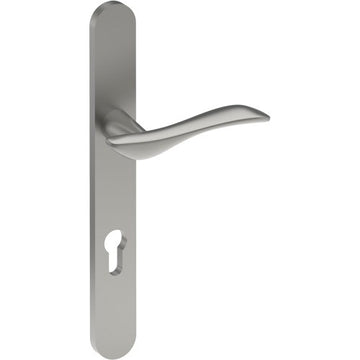 FERRARA Door Handle on B01 EXTERNAL European Standard Backplate with Cylinder Hole, Concealed Fixing (Half Set) 85mm CTC in Satin Stainless