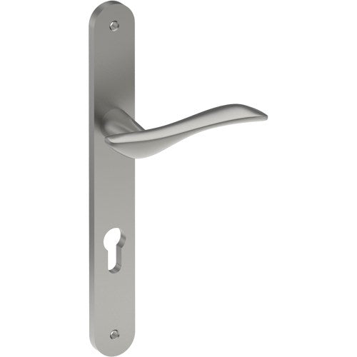 FERRARA Door Handle on B01 INTERNAL European Standard Backplate with Cylinder Hole, Visible Fixing (Half Set) 85mm CTC in Satin Stainless