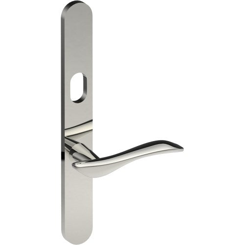 FERRARA Door Handle on B01 EXTERNAL Australian Standard Backplate with Cylinder Hole, Concealed Fixing (Half Set) 64mm CTC in Polished Stainless