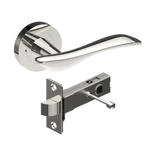 FERRARA Door Handles on Ø52mm Integrated Privacy Rose inc. Latch in Polished Stainless