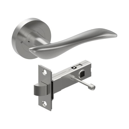 FERRARA Door Handles on Ø52mm Integrated Privacy Rose inc. Latch in Satin Stainless