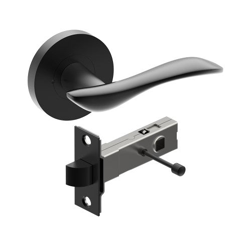 FERRARA Door Handles on Ø65mm Integrated Privacy Rose inc. Latch in Black Teflon