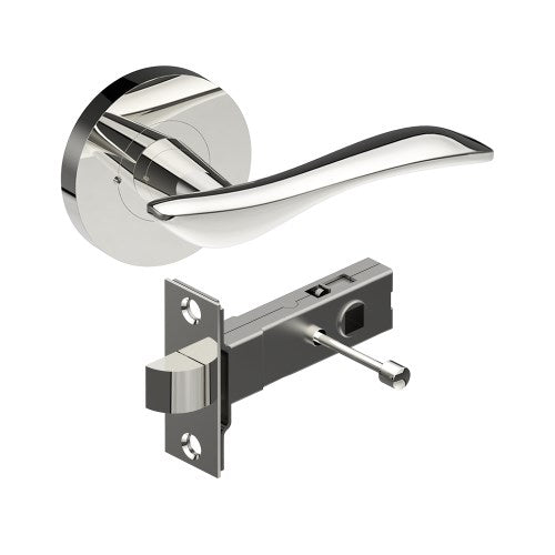 FERRARA Door Handles on Ø65mm Integrated Privacy Rose inc. Latch in Polished Stainless