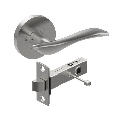 FERRARA Door Handles on Ø65mm Integrated Privacy Rose inc. Latch in Satin Stainless