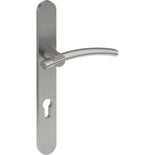 LAGUNA Door Handle on B01 EXTERNAL European Standard Backplate with Cylinder Hole, Concealed Fixing (Half Set) 85mm CTC in Satin Stainless