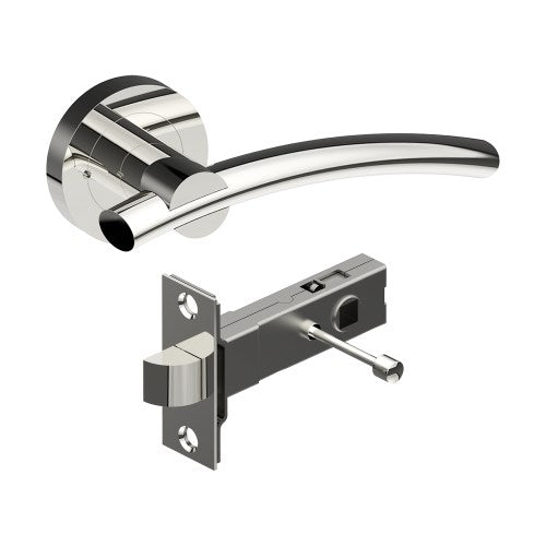 LAGUNA Door Handles on Ø52mm Integrated Privacy Rose inc. Latch in Polished Stainless