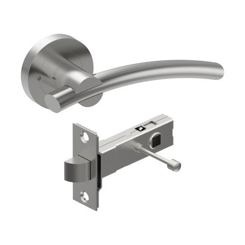 LAGUNA Door Handles on Ø52mm Integrated Privacy Rose inc. Latch in Satin Stainless