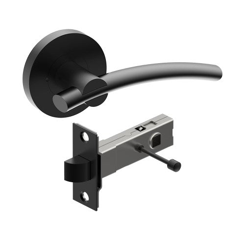 LAGUNA Door Handles on Ø65mm Integrated Privacy Rose inc. Latch in Black Teflon