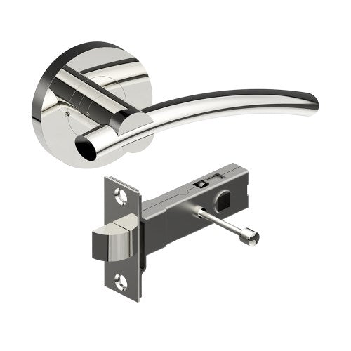 LAGUNA Door Handles on Ø65mm Integrated Privacy Rose inc. Latch in Polished Stainless