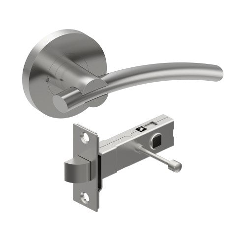 LAGUNA Door Handles on Ø65mm Integrated Privacy Rose inc. Latch in Satin Stainless