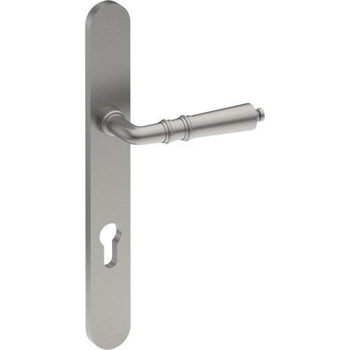 LATINA Door Handle on B01 EXTERNAL European Standard Backplate with Cylinder Hole, Concealed Fixing (Half Set) 85mm CTC in Satin Stainless