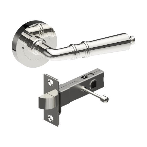 LATINA Door Handles on Ø52mm Integrated Privacy Rose inc. Latch in Polished Stainless