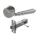 LATINA door handle by Style Finish Doorware with a sleek, satin stainless steel finish, mounted on a door.