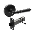Latina door handle by Style Finish Doorware, black finish, sleek modern design, mounted on door, close-up view.
