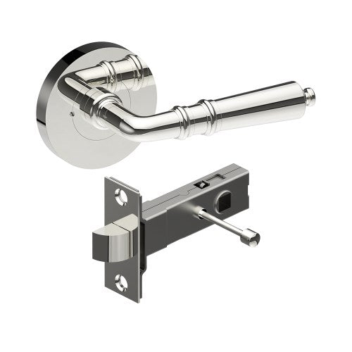 Latina door handle by Style Finish Doorware, sleek silver finish, mounted on a modern door, close-up view.