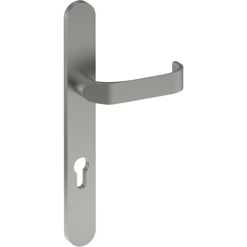 MOSS Door Handle on B01 EXTERNAL European Standard Backplate with Cylinder Hole, Concealed Fixing (Half Set) 85mm CTC in Satin Stainless