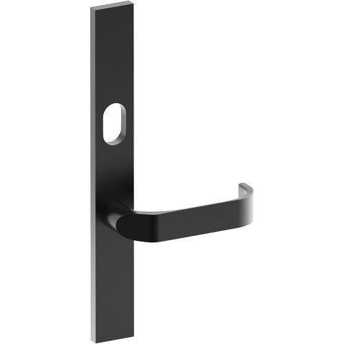 MOSS Door Handle on B02 EXTERNAL Australian Standard Backplate with Cylinder Hole, Concealed Fixing (Half Set) 64mm CTC in Black Teflon