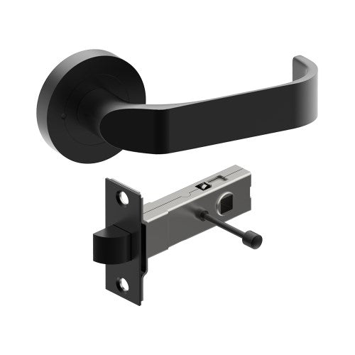 MOSS Door Handles on Ø52mm Integrated Privacy Rose inc. Latch in Black Teflon