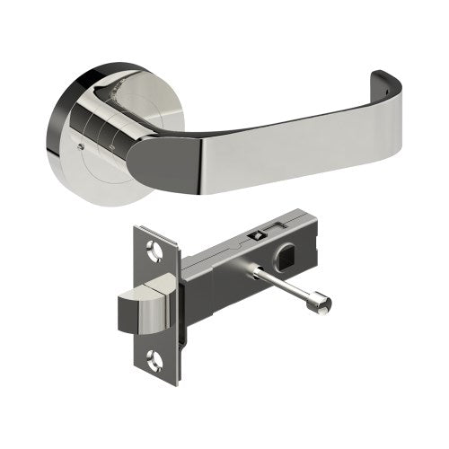 MOSS Door Handles on Ø52mm Integrated Privacy Rose inc. Latch in Polished Stainless