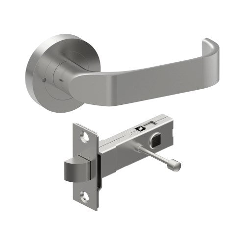 MOSS Door Handles on Ø52mm Integrated Privacy Rose inc. Latch in Satin Stainless