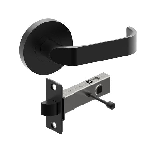MOSS Door Handles on Ø65mm Integrated Privacy Rose inc. Latch in Black Teflon
